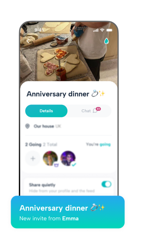 Howbout app event invitation for a 'Karaoke' night in Soho, showing an event cover photo, RSVP list of friends, and an integrated group chat feature for easy event planning.